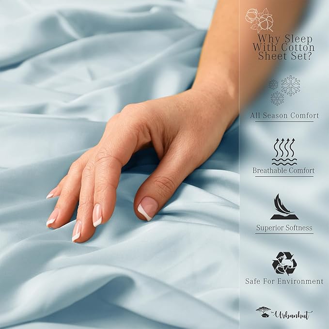 URBANHUT 700 Thread Count Queen Size Egyptian Cotton Sheets, 4Pc Sheet Set Soft Luxury Bed Sheets for Queen Size Bed, Sateen Weave Hotel Sheets, 16'' Elasticized Deep Pocket - Light Blue