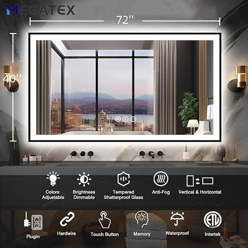 72x40 Large Light up Bathroom Mirror, Wall-Mounted LED Vanity Mirrors, Black Trim and Double Lights, 3 Colors and Stepless Dimming, Anti-Fog, Memory, Shatterproof (Horizontal/Vertical)