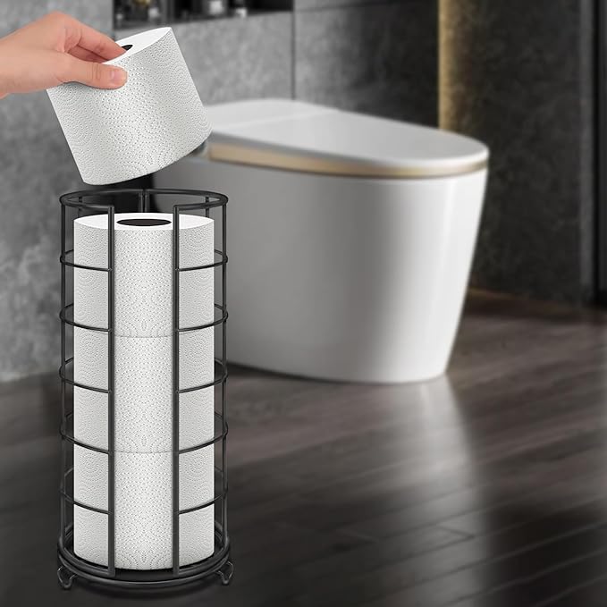 NearMoon Toilet Paper Organizer Stand, Free Standing 3 Rolls Tissue Storage, Metal Bathroom Accessory, Rustproof Toilet Roll Holder for Kitchen Countertop Inside Cabinet Shelf(Metal Base, Matte Black)