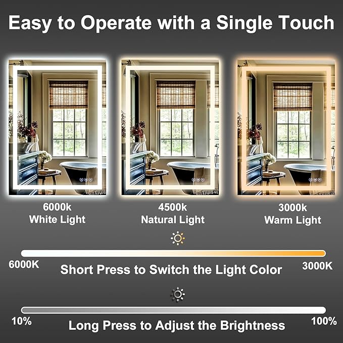 GLSLAND 30"x40" LED Bathroom Mirror with Lights, Dimmable Front and Backlit Vanity Mirrors, Wall Mounted Anti-Fog Lighted Mirror, Horizontal/Vertical Hanging
