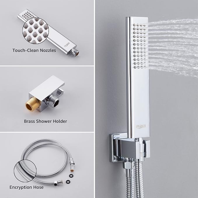 Iriber Chrome Shower System 10 Inch High Pressure Rainfall Shower Head and Shower Faucet Combo Set