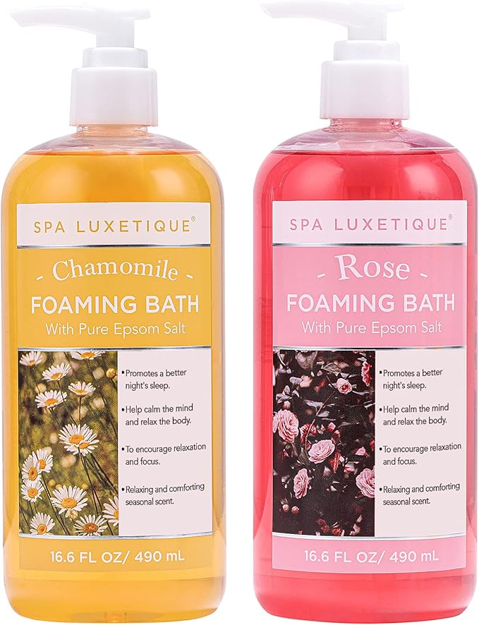 Bubble Bath, Spa Luxetique Foaming Bath for Women with Pure Epsom Salt, Bath Sets Rose and Chamomile Scent, Moisturizing and Relaxing Spa Gifts for Mom, 33.2 Oz (2 Pack)