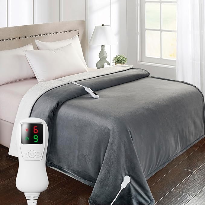 Heated Blanket Electric Blanket Twin Size, Super Soft Cozy Upgraded Flannel Heating Blanket with 9 Heating Levels & 1-9 Hours Auto Off, Fast Heating & Overheat Protection, 62" x 84", Iron Gray