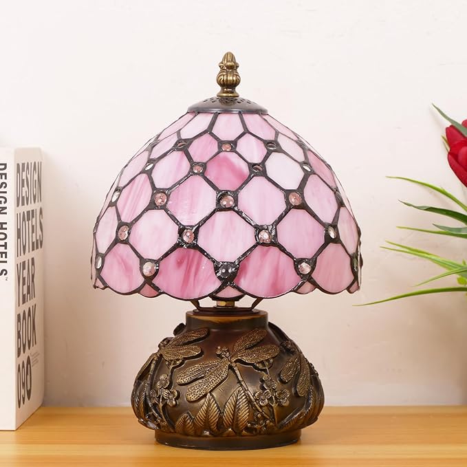 Small Tiffany Lamp Mini Stained Glass Table Lamp Pink Pearl Style Mushroom Accent Lamp 8X11 Inch