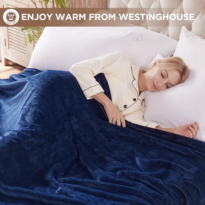 Westinghouse Heated Queen Size Blanket - Electric With 10 Heating Levels, 1-12 Hours Auto Shut Off, Fast Warming, Machine Washable (84x90 Inches, Navy Blue)