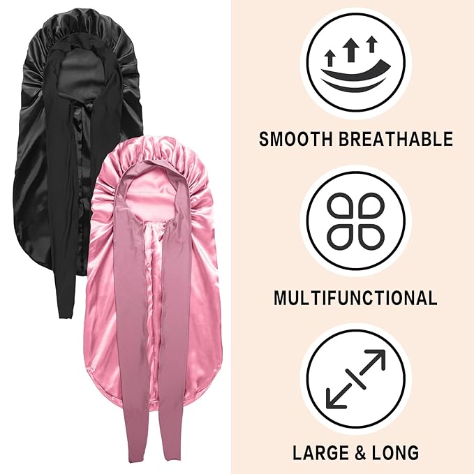 2Pcs Bonnets for Black Women Braid Bonnet, Large Long Satin Bonnet for Braids, Silk Bonnet with Stretchy Tie Band Sleep Cap Hair (2Pcs-Black&Rose Pink)