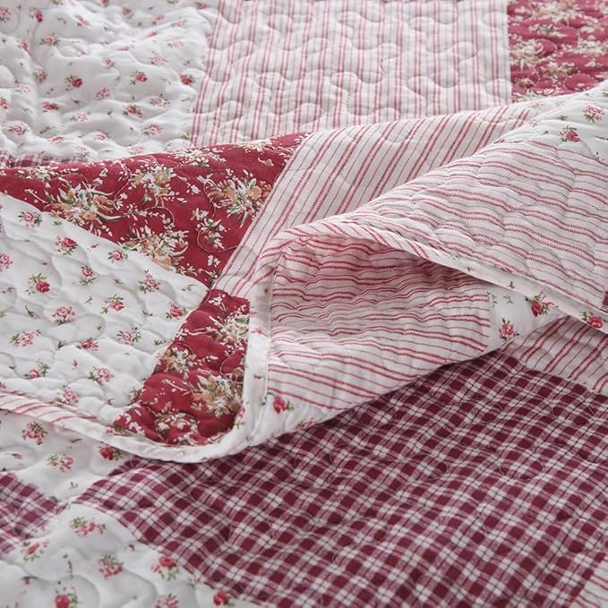 ENASAL Cotton Bedspread Quilt Bedding Sets Reversible Coverlet Sets Comforters Plaid Floral Red White Patchwork Pattern Bedspread for All Season, King Size