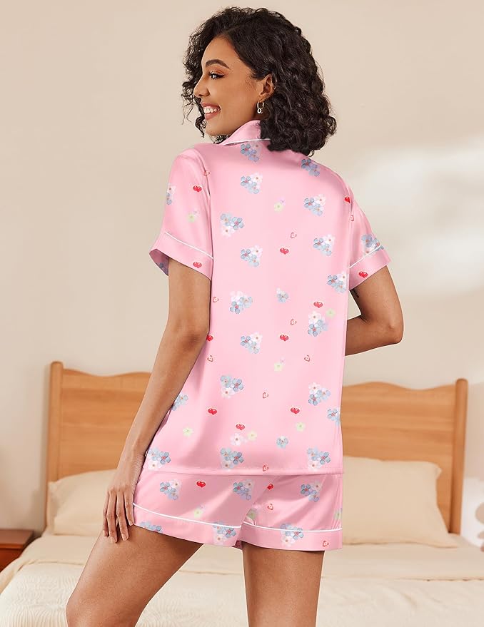 Ekouaer Pajamas for Women Set Silk Satin Pjs Shorts Sleepwear 2 Piece Loungewear S-XXL