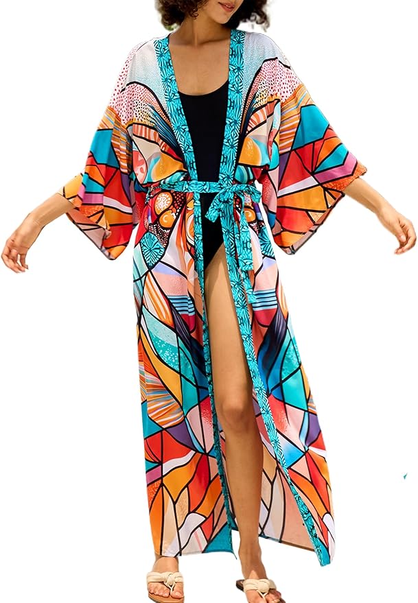 Women Casual Open Front Lightweight Cardigan Long Beach Kimono Cover Up