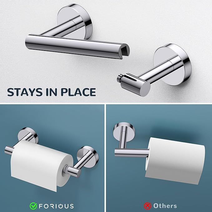 FORIOUS Toilet Paper Holder Wall Mount, SUS304 Stainless Steel Double Post Pivoting Tissue Roll Holder and Hand Towel Ring Set for Bathroom, RV, Bathroom Hardware Accessories Set, Chrome