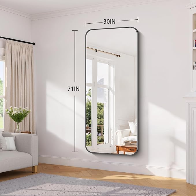 Koonmi Black Framed Bathroom Mirror - 30x71 Inch Shatterproof Tempered Glass Vanity Mirror for Bathroom Sink, Wall Mounted with Matte Aluminum Alloy Frame, No Distortion, Modern Decor