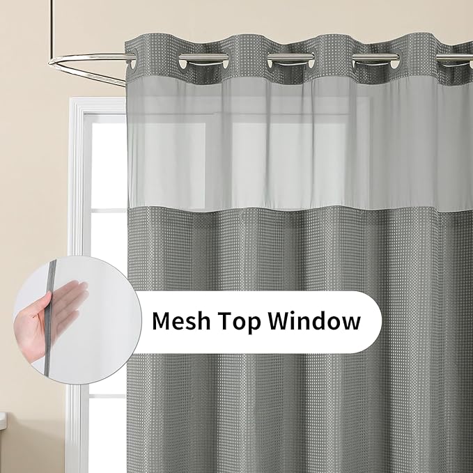 Colorful Star No Hook Shower Curtain with Snap in Fabric Liner, Waffle Weave Heavy Duty Thick Shower Curtains with Mesh Top Window, Hotel Style Waterproof Bathroom Curtain Set, 72 x 81 Inch, Grey