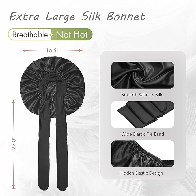 BONNET QUEEN Silk Bonnet for Sleeping Satin Bonnet Hair Bonnets Large Bonnets Hair Wrap Sleep Cap with Tie Band for Women Curly Hair Braids Locs Black