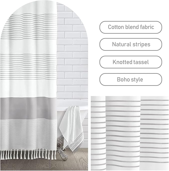 Awellife Boho Gray Shower Curtain for Bathroom Extra Long Stripe Tassel Shower Curtain 72 X 96 Inches