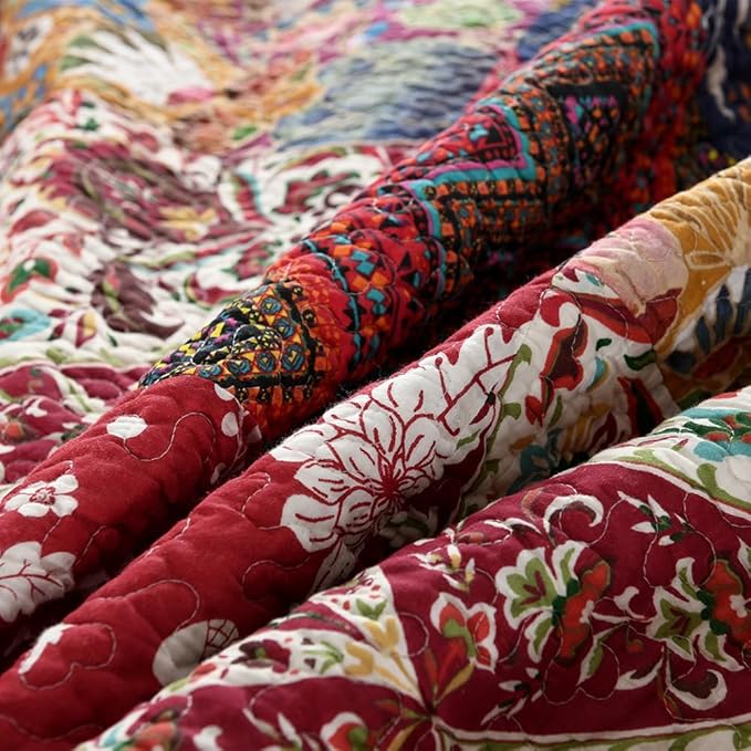 Cotton Bedspread Quilt Bedding Sets 3 Pieces Reversible Coverlet Sets Comforters Gorgeous Paisley Floral Patchwork Red Bedspread, Queen Size