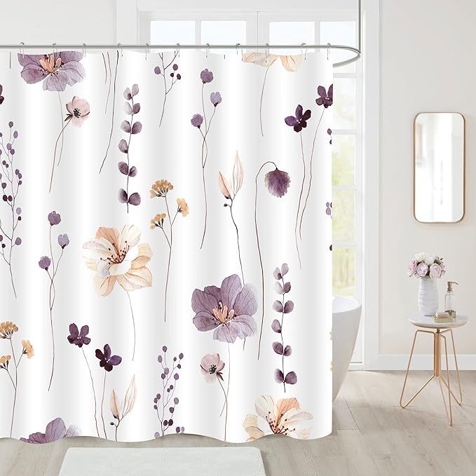 Gibelle Small Stall Shower Curtain 36 x 72, Narrow Half Watercolor Floral Fabric Shower Curtain, Plum Beige Flower Decorative Bathroom Shower Curtain Set with Hooks