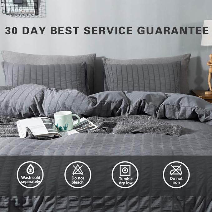 AveLom Seersucker Duvet Cover Set King Size (104 x 90 inches), 3 Pieces (1 Duvet Cover + 2 Pillow Cases), Dark Gray Ultra Soft Washed Microfiber, Textured Duvet Cover with Zipper Closure, Corner Ties