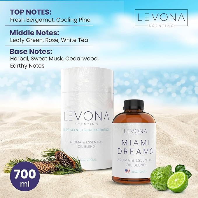 Levona Scent Essential Oil - Fresh Aroma for Home, Office, Hotel & Spa, Perfect in Humidifiers and Diffusers, Luxury Fragrance, with Bergamot, Pine, Rose, Earthy Notes - 700ml/ 23 fl oz, Miami Dreams