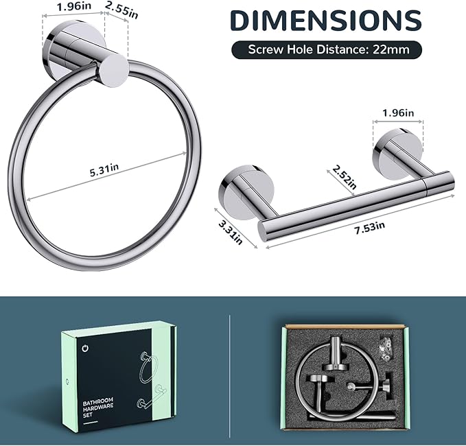 FORIOUS Toilet Paper Holder Wall Mount, SUS304 Stainless Steel Double Post Pivoting Tissue Roll Holder and Hand Towel Ring Set for Bathroom, RV, Bathroom Hardware Accessories Set, Chrome