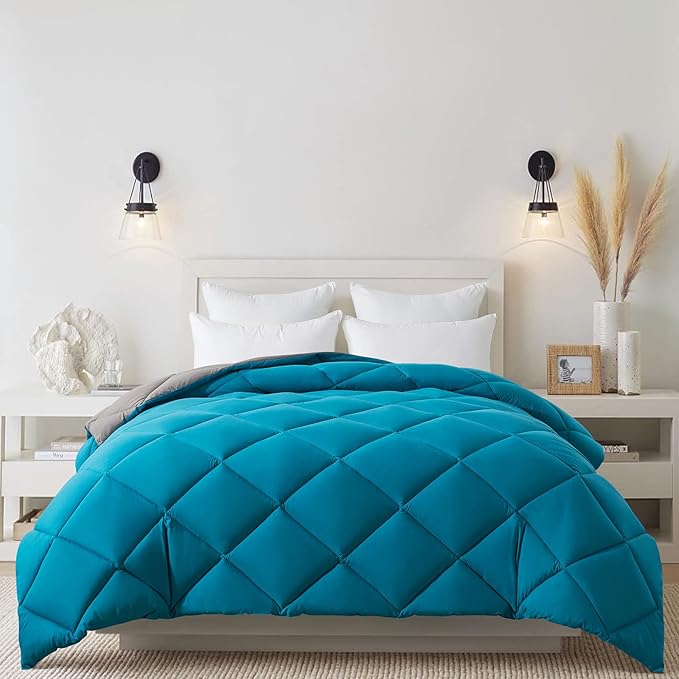 Cosybay Down Alternative Comforter (Algiers Blue/Dark Grey, Queen) - All Season Soft Quilted Queen Size Bed Comforter - Duvet Insert with Corner Tabs -Winter Summer Warm Fluffy, 88x92inches