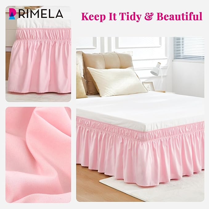 RIMELA Pink Bed Skirt Twin Size 15 Inch Drop, Elastic Bed Skirting for Bed Base and Frame, Bedding Dust Ruffle Easy to Install, Lightweight Wrap Around Adjustable Bedskirt