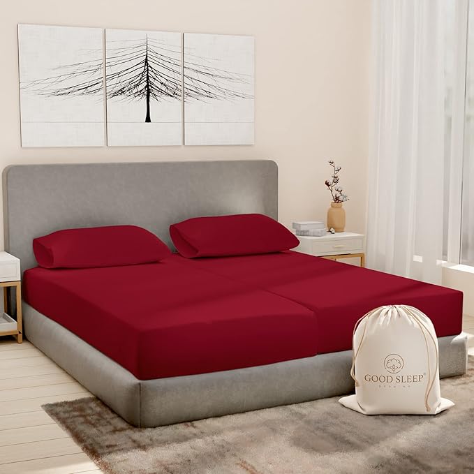 Good Sleep Bedding Split King Sheets Sets for Adjustable Bed Cotton, Egyptian Cotton Sheets, 5 Piece Cotton Split King Sheet Set, Sateen Sheets, 2 Fitted - 16" Deep Pocket, Burgundy
