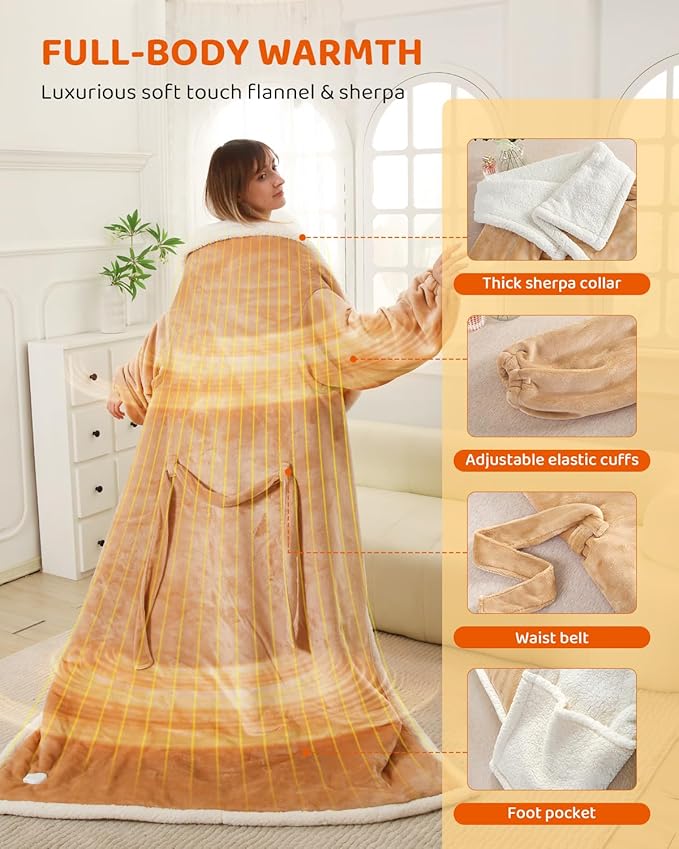 Electric Heated Blanket Throw Size with Foot Pockets & Sleeves, Soft Cozy Flannel Heating Blanket with 9 Heating Levels & 1-9 Hours Auto Off, Fast Heat & Overheat Protection, 50" x 70", Light Brown
