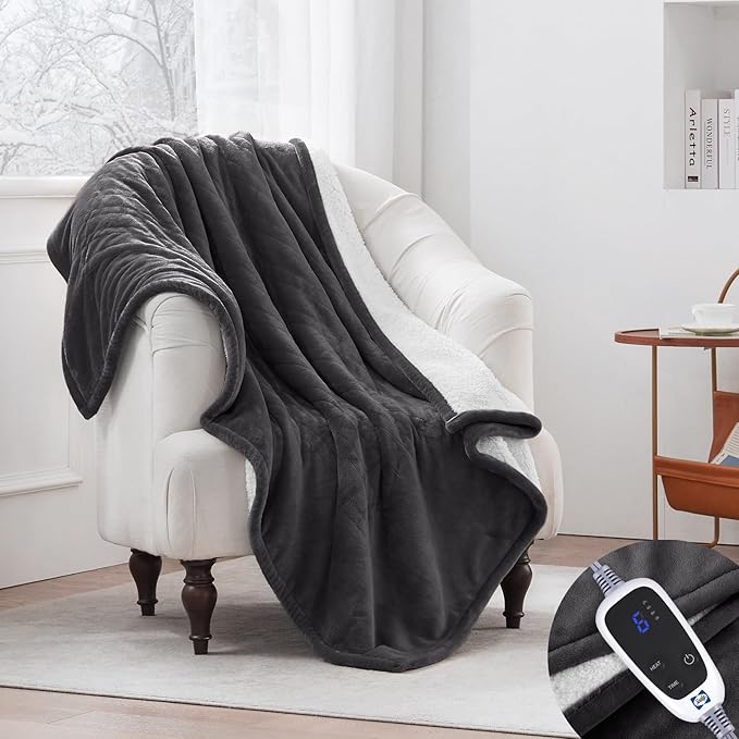 SEALY Heated Throw Blanket, Flannel & Sherpa Reversible Electric Throw with 6 Heating Levels & 2-10 Hours Auto Shut Off, Machine Washable, 50x60 Inch, Dark Grey