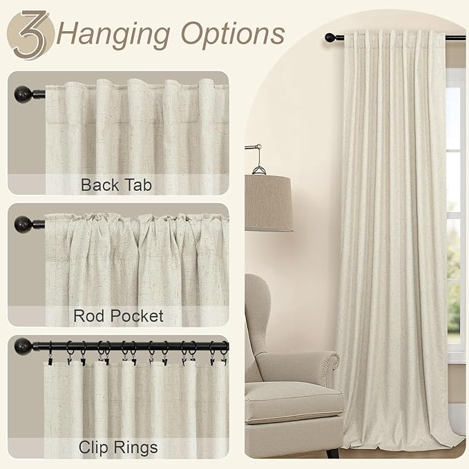 98 Inch Curtains Blackout Linen Country Cottage Core Thick Textured Lightweight Window Drapes for Guest Bedroom Living Room Darkening Thermal Winter Curtain Keep Cold Out 98 Inch Length 2 Panels Beige