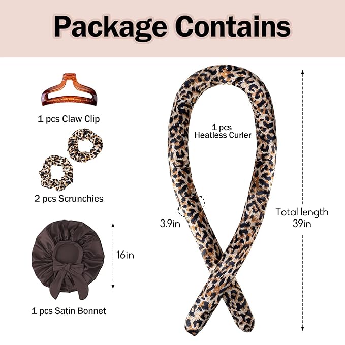 Heatless Hair Curler,Blowout Heatless Curls Overnight,No Heat Curling Rod Set with Satin Bonnet for Sleep in,Leopard
