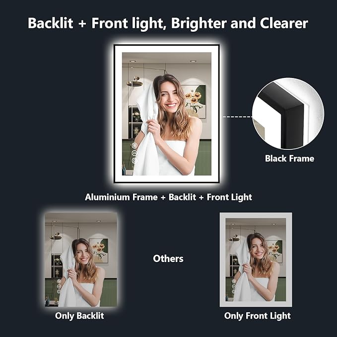 32x36 Inch LED Bathroom Mirror with Lights (Front Lit and Backlit) Black Framed Lighted Vanity Mirror for Bathroom Wall Dimmable Anti-Fog Memory Tempered Glass Horizontal/Vertical