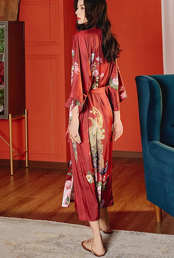 Silk Satin Robe for Women Long Japanese Kimono Robe Lightweight Soft Bathrobe Floral Luxury Dressing Gown
