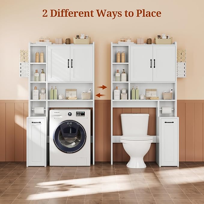 Over The Toilet Storage Cabinet with Pulley, Bathroom Cabinet, Space Saver W/Adjustable Shelf Rack for Bathroom, Restroom, Laundry (White-Type B)