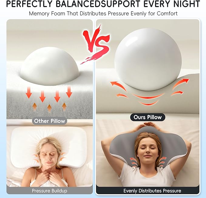 Cervical Neck Pillow for Pain Relief, Ergonomic Contour Pillow for Sleeping, 2 Heights Cooling Pillow for Neck and Shoulder Support, Memory Foam Orthopedic Pillow for Side Back Stomach Sleepers Grey