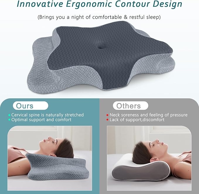 Cervical Pillow for Neck Pain Relief, Memory Foam Pillow, Ergonomic Contour Bed Pillow, Soft for Side Sleep Stomach Sleeping and Back Sleepers