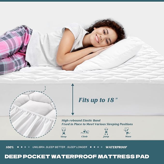 UNILIBRA Twin Mattress Protector Waterproof, Deep Pocket Mattress Pad Cover Up to 18 Inches, Quilted Fitted Hollow Cotton Filling Breathable Mattress Topper