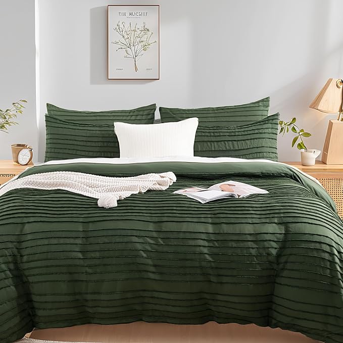 NEXHOME PRO California King Duvet Cover, Blue 3 Pieces Boho Tufted Duvet Cover Set, Soft and Lightweight Microfiber Comforter Cover Set (Forest Green,104 x 98)-No Comforter