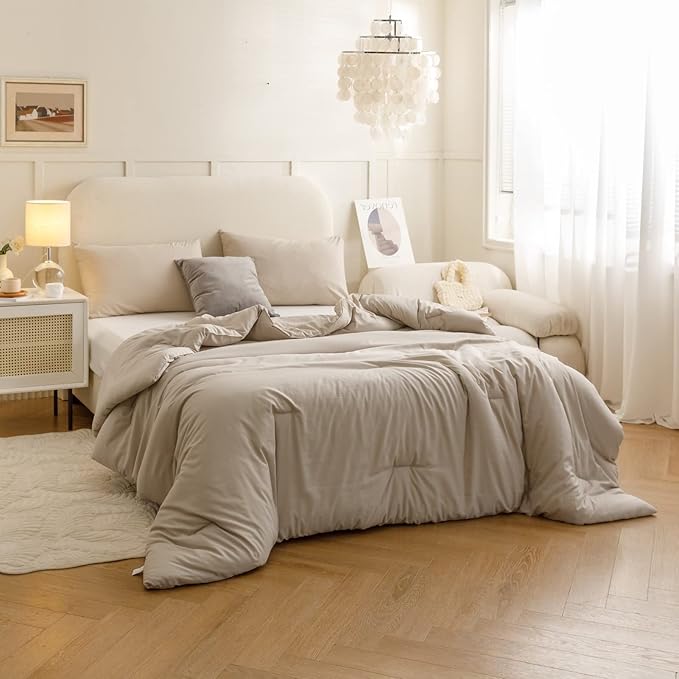 ROSGONIA King Size Comforter Set Oatmeal, 3pcs (1 Boho Comforter & 2 Pillowcases), All Season Bedding Soft Lightweight Bedspread Blanket Quilt