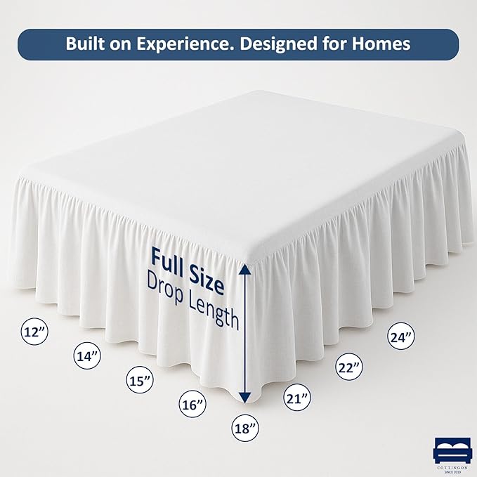 Cottingon Bed Skirt Full 18" Drop with Split Corners, 100% Microfiber Soft and Stylish, Dust Ruffle with Platform, White