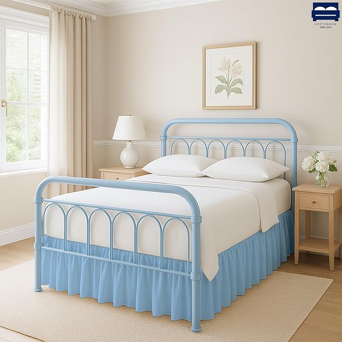 Cottingon Bed Skirt King 15" Drop with Split Corners, 100% Microfiber Soft and Stylish, Dust Ruffle with Platform, Light Blue