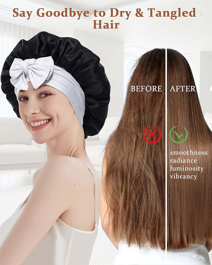 100% Mulberry Silk Bonnet for Sleeping Women Double Layer Silk Hair Bonnet Natural Silk Sleep Cap with Elastic Reversible Hair Wrap (Black+Silver Gray)