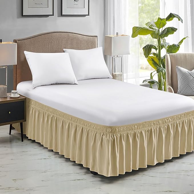 FreshCulture Elastic Wrap Around Bed Skirt - Easy Fit with 18-Inch Tailored Drop, Hotel Quality Dust Ruffle for Full Size Bed (Beige)