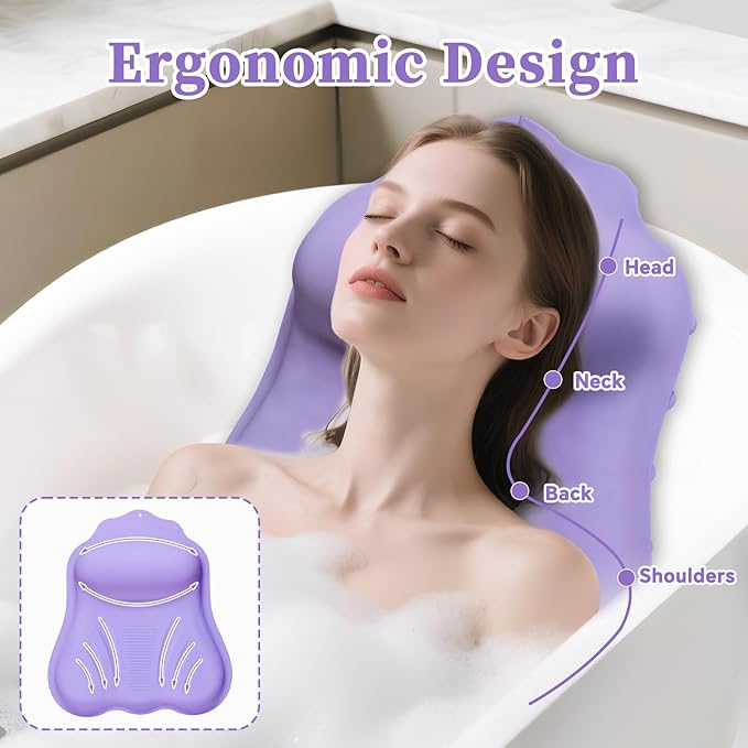 Silicone Bath Pillow for Tub Adults, 4D Air-Cushion Bathtub Pillow for Head Neck and Back Support, Non-Slip Suction Cups, Quick-Drying Waterproof Spa Pillow, Easy to Clean & Store