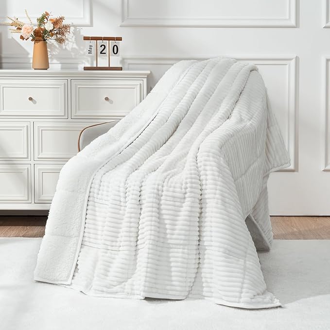 Uttermara Weighted Blanket for Adults Twin Size 15lbs, Striped Ribbed Fuzzy Heavy Blanket, Dual-Sided Ultra Cozy Sherpa & Super Soft Flannel for Sleep, 48x72 Inches, White