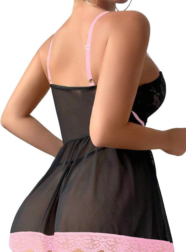 Lilosy Sexy Garter Belt Mesh Lace Babydoll Lingerie Dress Set with Thong