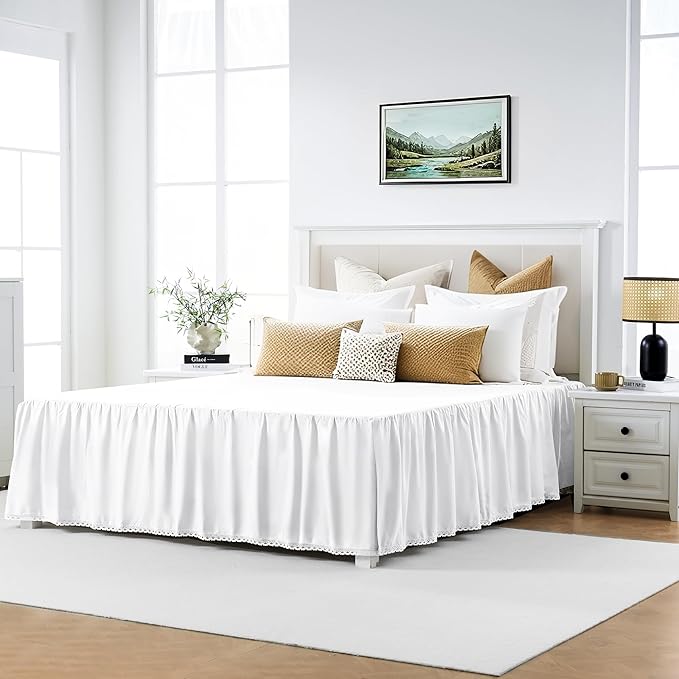 Queen Size 18" Drop - White Lightweight Cotton Bed Skirt with Crochet Edge - Dust Ruffle Whth Split Corner - Soft, Elegant, Breathable Bedding Accessory