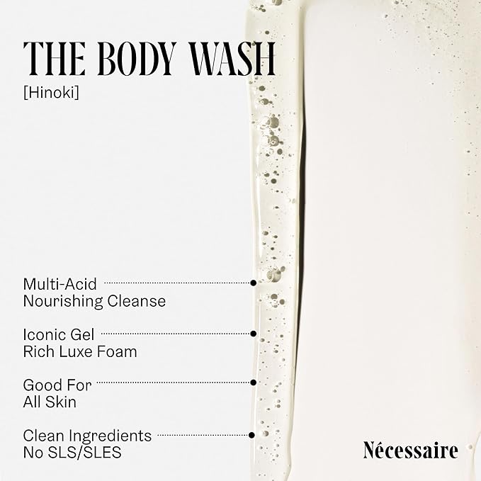 Nécessaire The Body Wash Hinoki - Natural Body Wash for Women & Men, Softening Shower Gel with Gentle Exfoliating Acids AHA/BHA/PHA. Gel Cleanse, 8.4 fl oz.