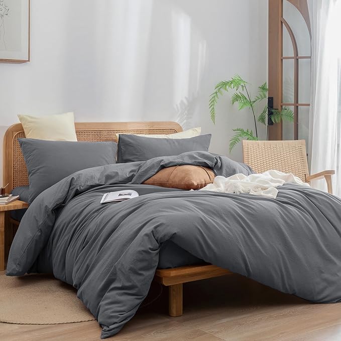BESTOUCH Duvet Cover Set 100% Washed Cotton Linen Feel Super Soft Comfortable Chic Lightweight 2 PCs Home Bedding Set Solid Quiet Shade Grey/Twin XL
