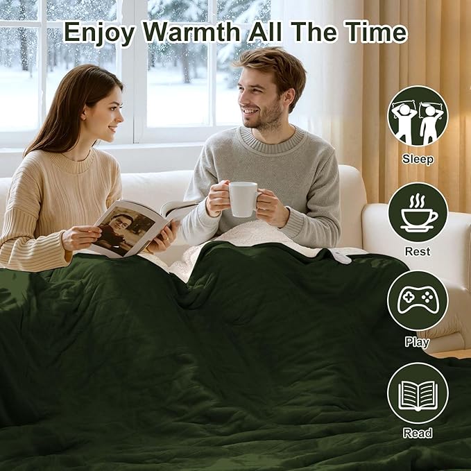 King Heated Blanket Dual Control - 100 X 90 Inch Washable Electric Blanket with 5 Heating Levels, 10 Hours Auto Off, ETL Certified, Soft Flannel Sherpa Heating Blankets for Bed, Green