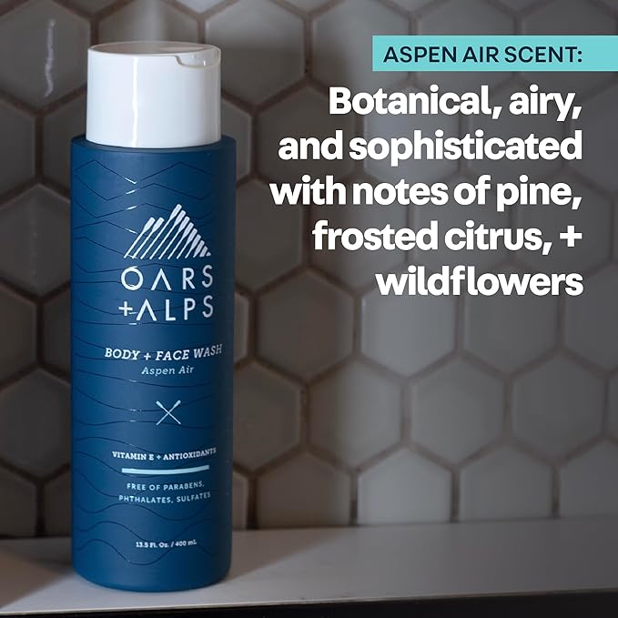 Oars + Alps Mens Moisturizing Body and Face Wash, Skin Care Infused with Vitamin E and Antioxidants, Sulfate Free, Aspen Air, 1 Pack